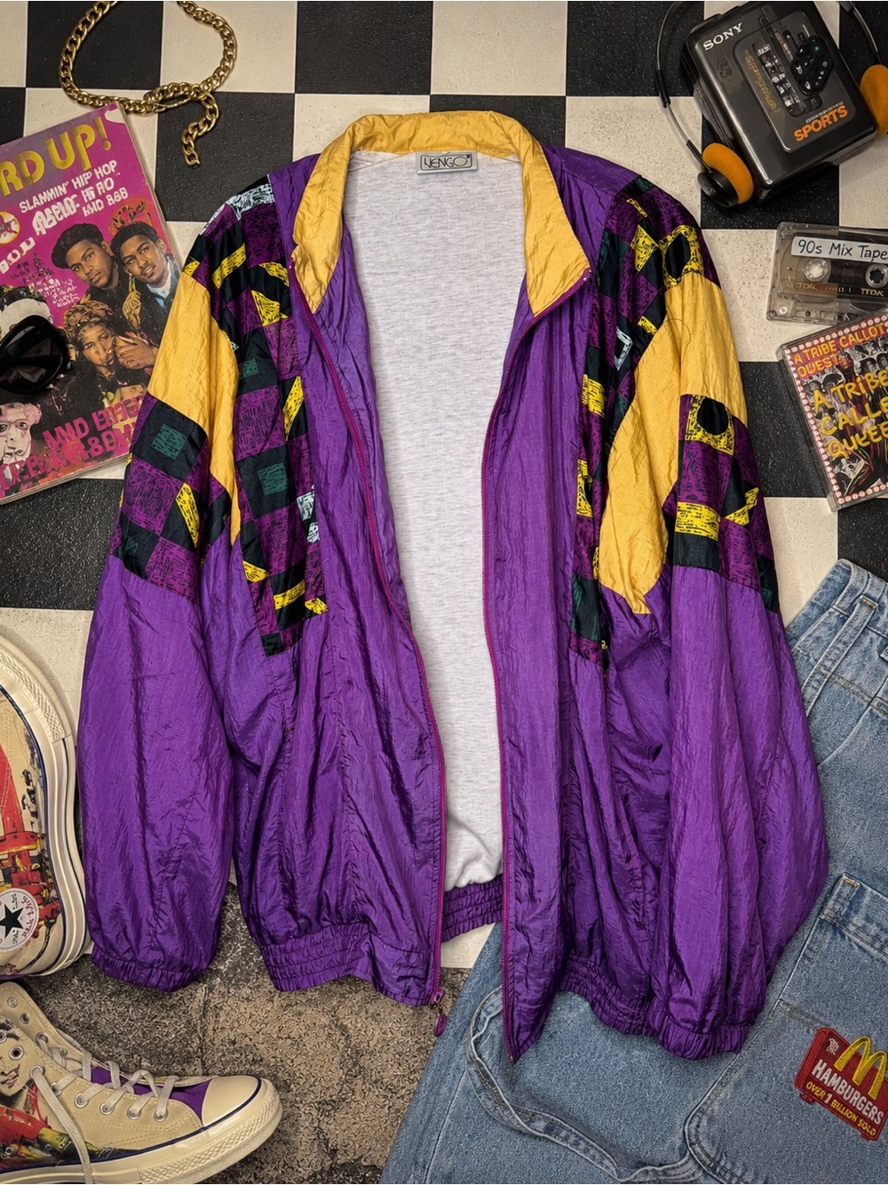 Vintage Vengo Windbreaker Jacket Women’s XL Purple Yellow Color Block 90s